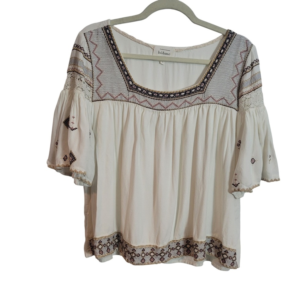 bohme Cream Embroidered Peasant Blouse EUC